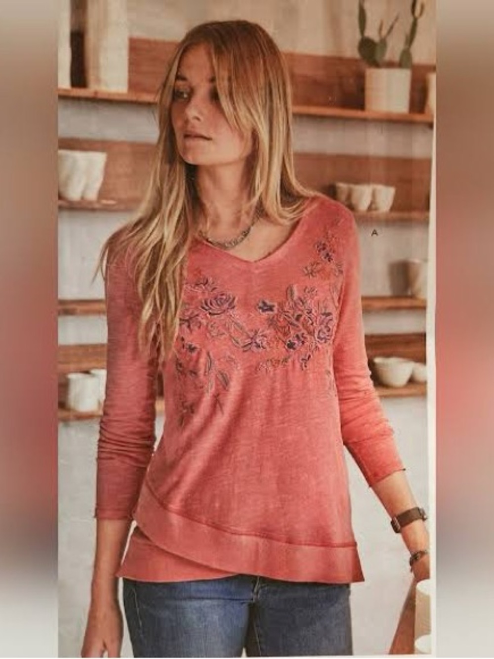 Sundance “friends always” floral embroidered blouse pink M